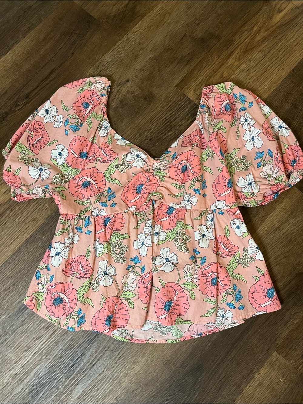 Versona Coral Floral Puff-Sleeve Babydoll Blouse Y2K Inspired